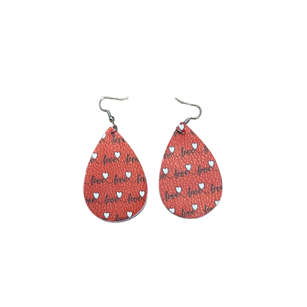 Red Heart Patterned Teardrop Earrings